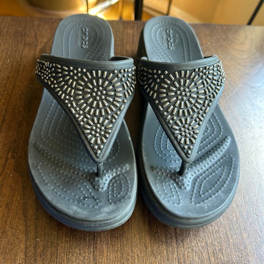 Crocs Boca Bling Flip Wedge Platform Sandals Shoes In Black Women's Size 7
